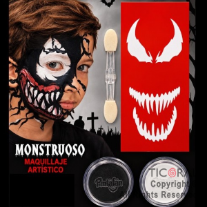 KIT MAQUILLAJE ARTISTICO NEGRO Y BLANCO (BLISTER 2 UNID - 4 GR) + 2 STENCIL + ESFUMINO